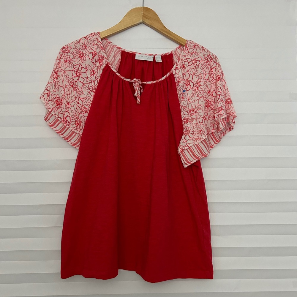Susan Graver Pure Red Floral Flutter Sleeve Mixed Media Peasant Top Womens M